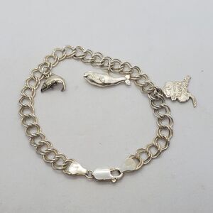 Vintage Sterling Silver Charm Bracelet with 3 charms Whale, Fish and Alaska 8"